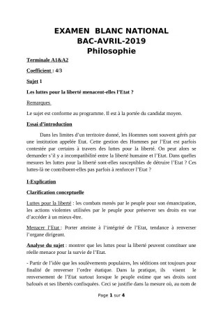 Première page de Examen Blanc de PHILO — Tle A1, Tle A2 — CEG AGBLANGANDAN (2018)