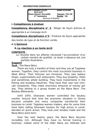 Première page de Anglais Tle C, Tle D — 2e devoir surveillé, 2e semestre (2018-2019) · CEG2 ABOMEY - CALAVI (CEG ZOCA)