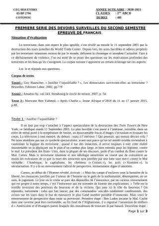 Première page de Mathématiques 1ère A, 1ère A1, 1ère A2, 1ère B, 1ère C, 1ère D — 1er devoir surveillé, 2e semestre (2020-2021) · CEG HOUEYIHO