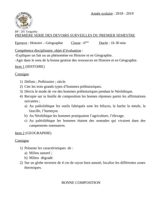 Première page de Histoire-Géographie 6e — 1er devoir surveillé, 1er semestre (2018-2019) · CEG2 TANGUIETA