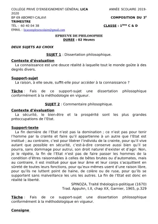 Première page de Philosophie 1ère C, 1ère D — Composition, 1er trimestre (2019-2020) · CPEG LICA