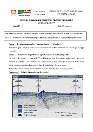 Première page de SVT 4e — 2e devoir surveillé, 2e semestre (2020-2021) · CEG SEKERE