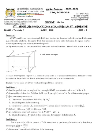 Première page de Mathématiques Tle A1, Tle A2 — 1re production scolaire, 1er semestre (2023-2024) · CEG1 Ikpinlè