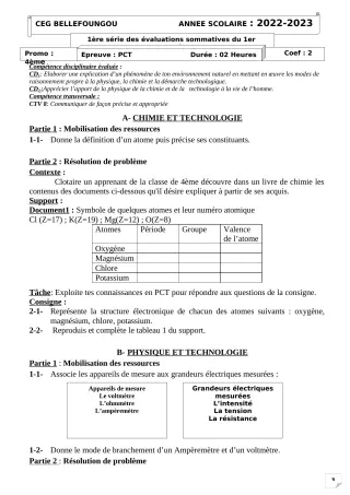 Première page de PCT 4e — 1re évaluation sommative, 1er semestre (2022-2023) · CEG Bellefoungou