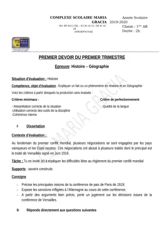 Première page de Histoire-Géographie 1ère A — 1er devoir surveillé, 1er trimestre (2019-2020) · CPEG MARIA GRACIA