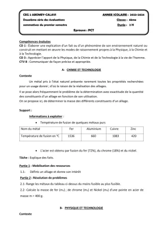 Première page de PCT 4e — 2e évaluation sommative, 1er semestre (2023-2024) · CEG2 ABOMEY - CALAVI (CEG ZOCA)