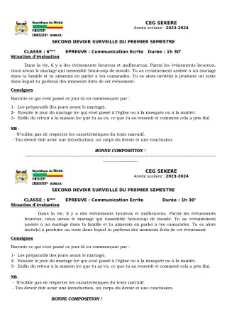Première page de Français 6e — 2e devoir surveillé, 1er semestre (2023-2024) · CEG SEKERE