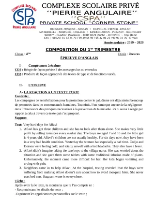 Première page de Anglais 4e — Composition, 1er trimestre (2019-2020) · CPEG PIERRE ANGULAIRE