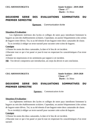 Première page de Français 6e — 2e évaluation sommative, 1er semestre (2019-2020) · CEG Ahossougbéta