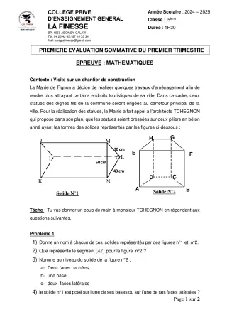 Première page de Mathématiques 5e — 1re évaluation sommative, 1er trimestre (2024-2025) · CPEG La Finesse