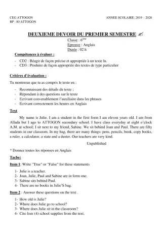 Première page de Anglais 6e — 2e devoir surveillé, 1er semestre (2019-2020) · CEG Attogon