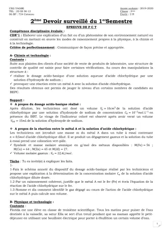 Première page de PCT 3e — 2e devoir surveillé (2019-2020) · CEG Yagbe
