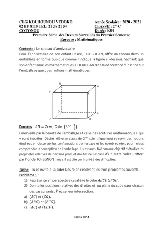 Première page de Mathématiques 2nde C — 1er devoir surveillé, 1er semestre (2020-2021) · CEG Kouhounou-Vêdoko