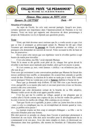 Première page de Examen Blanc de FRANCAIS LECTURE — 3e — CPEG le PEDAGOGUE (2023)