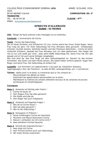 Première page de Allemand 4e, 4e ML — Composition, 1er trimestre (2019-2020) · CPEG LICA