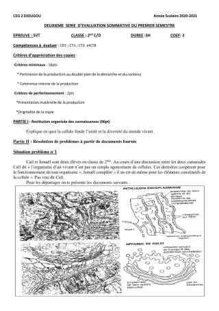 Première page de SVT 2nde D — Évaluation sommative, 1er semestre (2020-2021) · CEG 2 Djougou