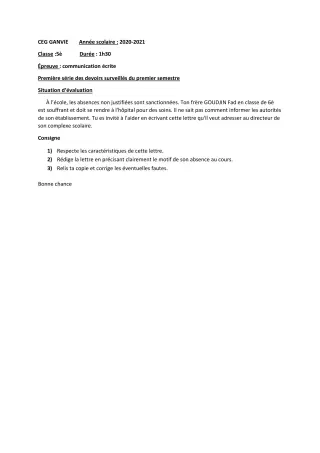 Première page de Français 5e — 1er devoir surveillé, 1er semestre (2020-2021) · CEG Ganvié
