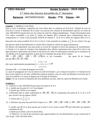 Première page de Mathématiques Tle D — 1er devoir surveillé, 1er semestre (2019-2020) · CEG1 Kalalé