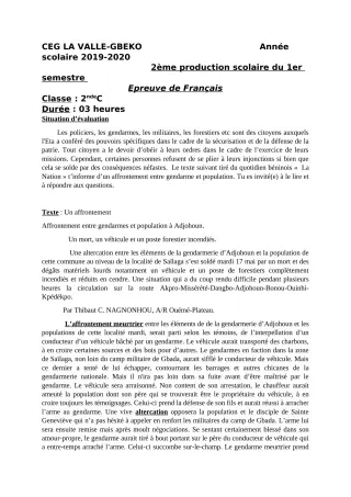 Première page de Français 4e, 4e ML, 3e, 3e ML, 2nde A2, 2nde C, 2nde D, 1ère A2, 1ère C, 1ère D, Tle A2, Tle C, Tle D — 2e production scolaire (2019-2020) · CEG LA VALLEE GBEKO