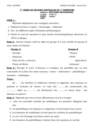 Première page de Histoire-Géographie 6e, 5e, 4e, 4e ML, 3e, 3e ML, 2nde A & B, 2nde D, 1ère A, 1ère A & B, 1ère D, Tle A, Tle B, Tle D — 1er devoir surveillé, 1er semestre (2018-2019) · CEG1 Abomey