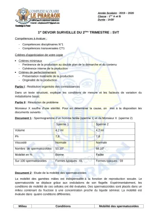 Première page de SVT 1ère A, 1ère B — 1er devoir surveillé, 2e trimestre (2019-2020) · CPEG LE PHARAON