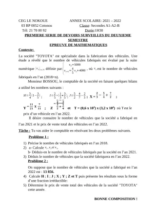 Première page de Mathématiques 2nde A1, 2nde A2, 2nde B — 1er devoir surveillé, 2e semestre (2021-2022) · CEG LE NOKOUE