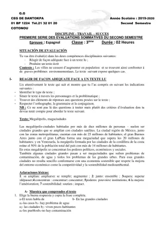 Première page de Espagnol 4e ML&MC, 3e ML — 1re évaluation sommative, 2e semestre (2019-2020) · CEG Dantokpa