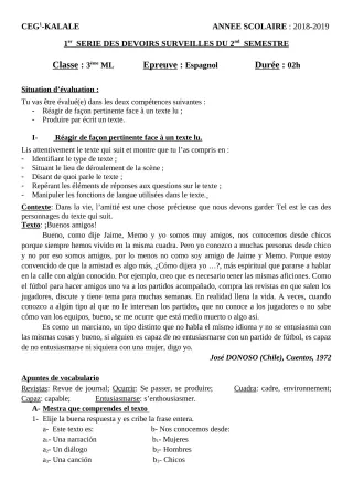 Première page de Espagnol 3e ML — 1er devoir surveillé, 2e semestre (2018-2019) · CEG1 Kalalé