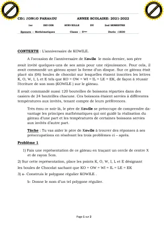 Première page de Mathématiques 5e — 1er devoir surveillé (2021-2022) · CEG ZONGO
