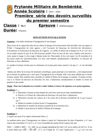 Première page de Mathématiques Tle C — 1er devoir surveillé, 1er semestre (2019-2020) · PMB