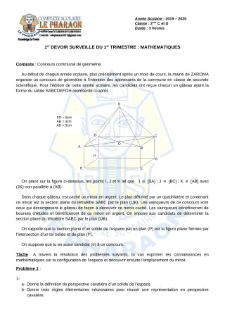 Première page de Mathématiques 2nde C, 2nde D — 1er devoir surveillé, 1er trimestre (2019-2020) · CPEG LE PHARAON