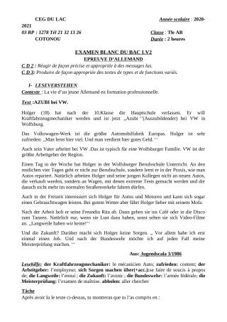 Première page de Examen Blanc de ALLEMAND — Tle A2, Tle B — CEG du Lac (2020)