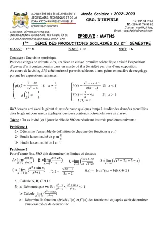 Première page de Mathématiques 1ère C — 1re production scolaire, 2e semestre (2022-2023) · CEG1 Ikpinlè