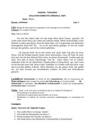 Première page de Allemand 3e ML — Évaluation sommative (2018-2019) · CEG Hubert C. MAGA