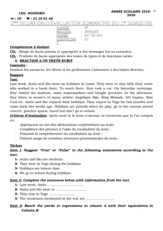 Première page de Anglais 5e — Évaluation sommative, 1er semestre (2019-2020) · CEG HOUEGBO