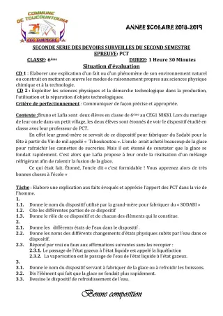 Première page de PCT 6e, 5e, 4e, 3e — 2e devoir surveillé, 2e semestre (2018-2019) · CEG TAMPÈGRÉ