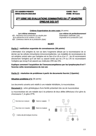 Première page de SVT Tle D — Évaluation sommative (2018-2019) · CEG Albarika