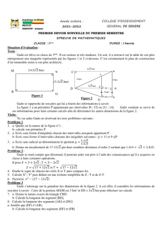 Première page de Mathématiques 3e — 1er devoir surveillé, 1er semestre (2021-2022) · CEG SEKERE