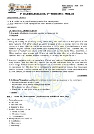 Première page de Anglais 3e, 3e ML — 1er devoir surveillé, 2e trimestre (2019-2020) · CPEG LE PHARAON