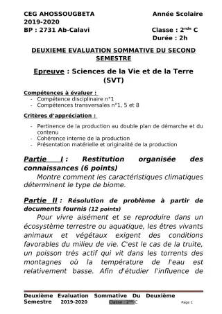 Première page de SVT 2nde C — 2e évaluation sommative, 2e semestre (2019-2020) · CEG Ahossougbéta