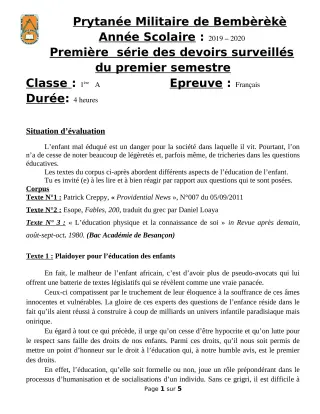 Première page de Français 1ère A1, 1ère A2 — 1er devoir surveillé, 1er semestre (2019-2020) · PMB