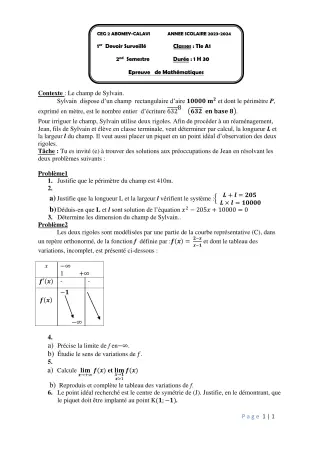 Première page de Mathématiques Tle A1 — 1er devoir surveillé, 2e semestre (2023-2024) · CEG2 ABOMEY - CALAVI (CEG ZOCA)