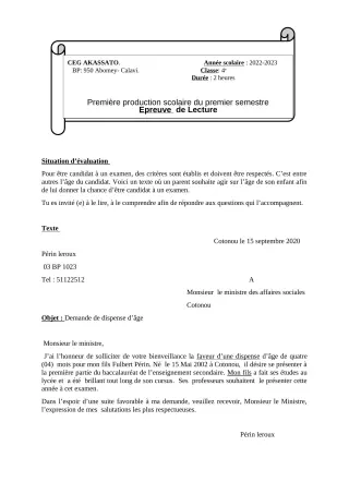 Première page de Français 6e, 5e, 4e, 4e ML, 4e ML&MC, 3e, 3e ML — 1re production scolaire, 1er semestre (2022-2023) · CEG Akassato