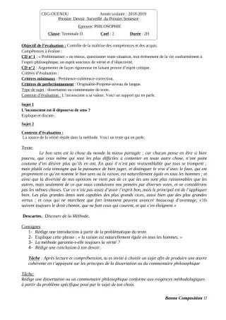Première page de Philosophie Tle D — 1er devoir surveillé, 1er semestre (2018-2019) · ceg ouenou