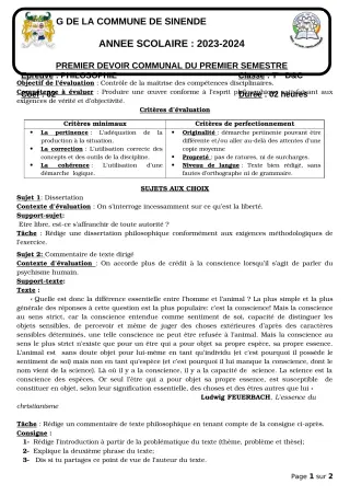 Première page de Philosophie Tle D — 1er devoir surveillé, 1er semestre (2023-2024) · CEG SEKERE