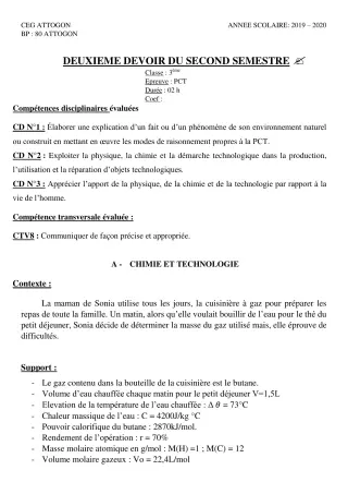 Première page de PCT 3e — 2e devoir surveillé, 2e semestre (2019-2020) · CEG Attogon