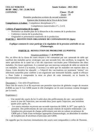 Première page de SVT Tle D — 1re production scolaire, 2e semestre (2021-2022) · CEG LE NOKOUE