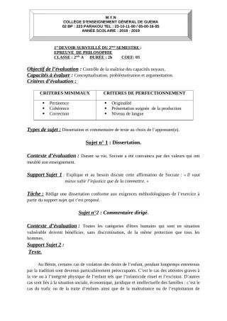 Première page de Philosophie 2nde A2 — 1er devoir surveillé, 2e semestre (2018-2019) · ceg guema
