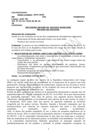 Première page de Espagnol 2nde A2, 2nde B — 2e devoir surveillé, 2e semestre (2019-2020) · CEG FIYEGNON