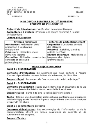 Première page de Philosophie Tle B — 1er devoir surveillé, 2e semestre (2020-2021) · CEG du Lac